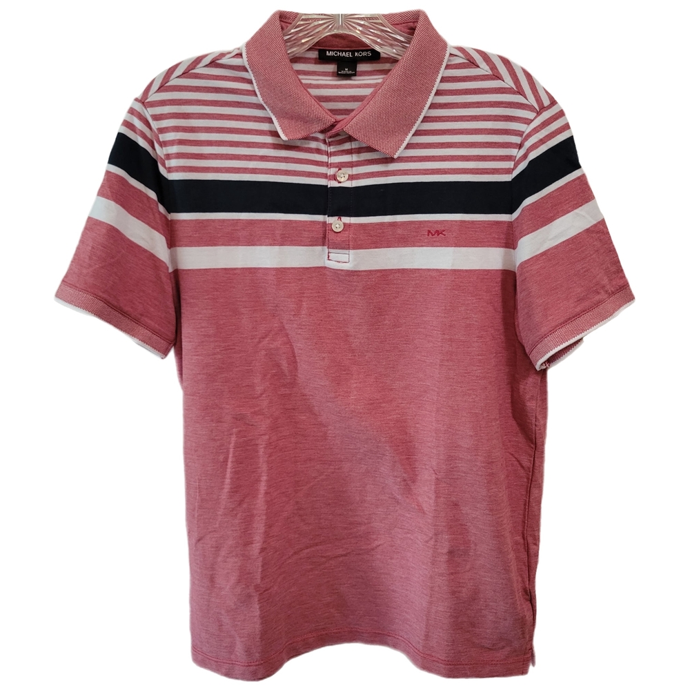 Michael Kors Men's Short Sleeve Polo Shirt in Red With Black And White Stripes - Picture 1 of 5
